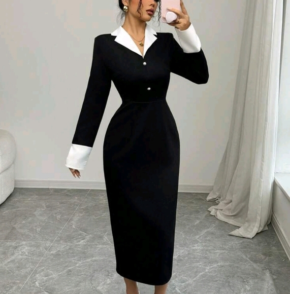 Elegant Women's Contrast Color Block Dress - Picture 3 of 4